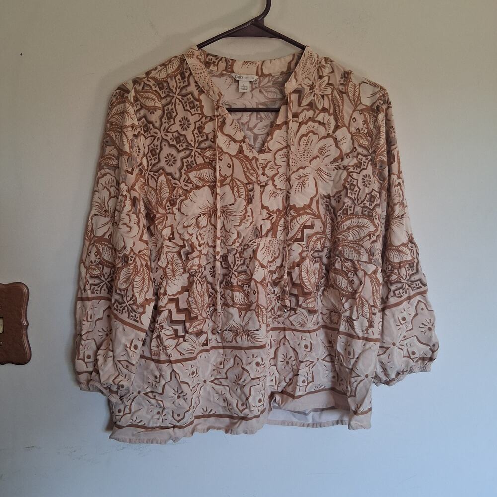 Cato Women’s L Brown Floral Boho Rayon Blouse Batik Border Print Peasant Top